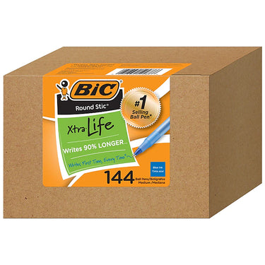 BIC Round Stic Xtra Life Ballpoint Pen, Medium Point, Blue Ink, 144/Pack (GSM144AZ-BLU)